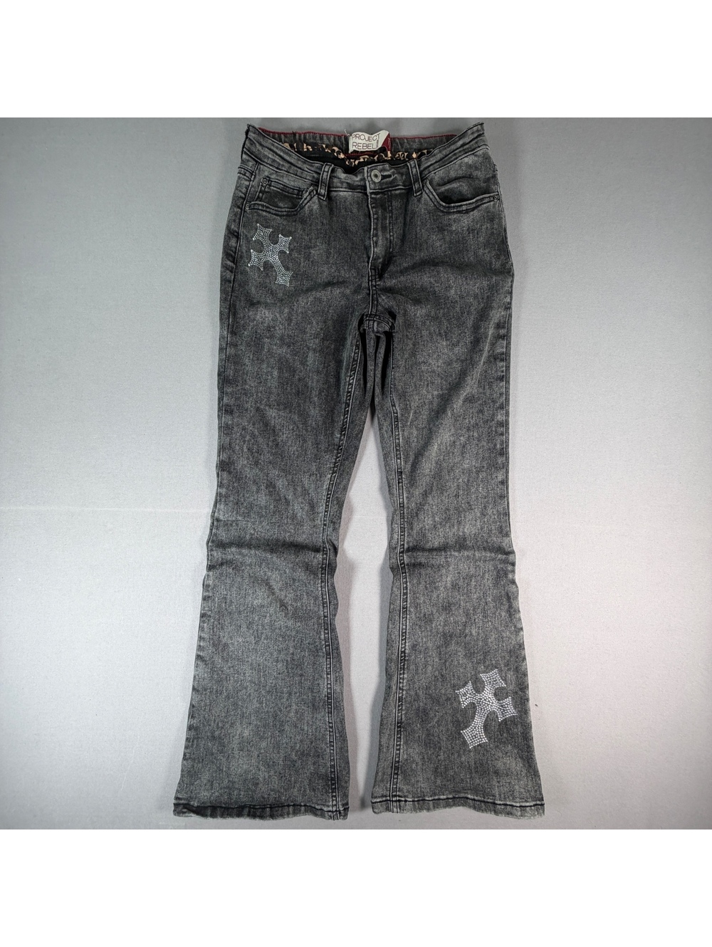 Project Rebel Cross Rhinestone Jeans Women's 11 Black Low Rise Flare Y2K Denim